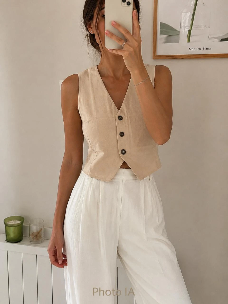 Gilet / veste sans manches beige crème léger effet lin – Taille M – Neuf